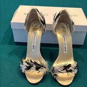Manolo Blahnik Black and Gold Heels with Ankle Strap